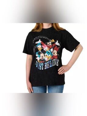 Disney Adult “JUST BELIEVE” Mickey Goofy Donald Duck Holographic T-Shirt Medium